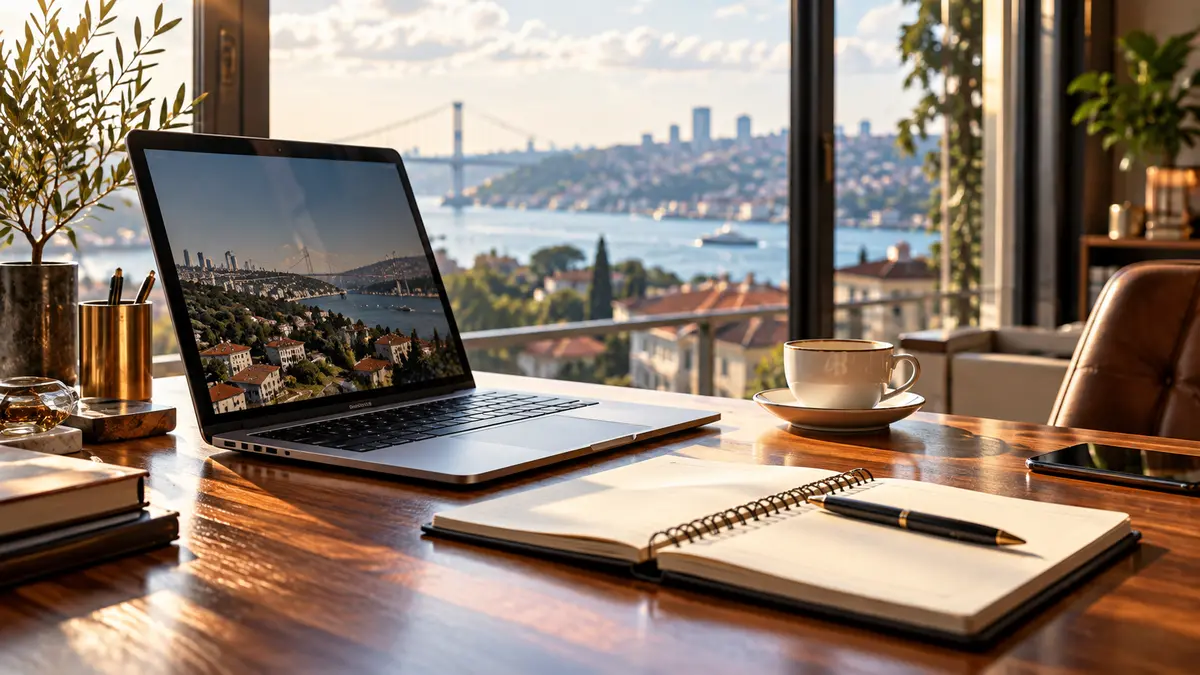 Açık bir dizüstü bilgisayarın yanında kalem ve defter duran sade bir çalışma masası