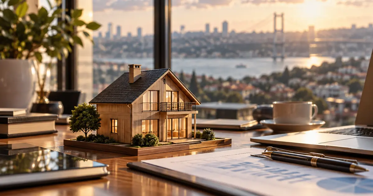 Ahşap bir masanın üzerinde küçük bir ev maketi ve yanında açık duran bir defter