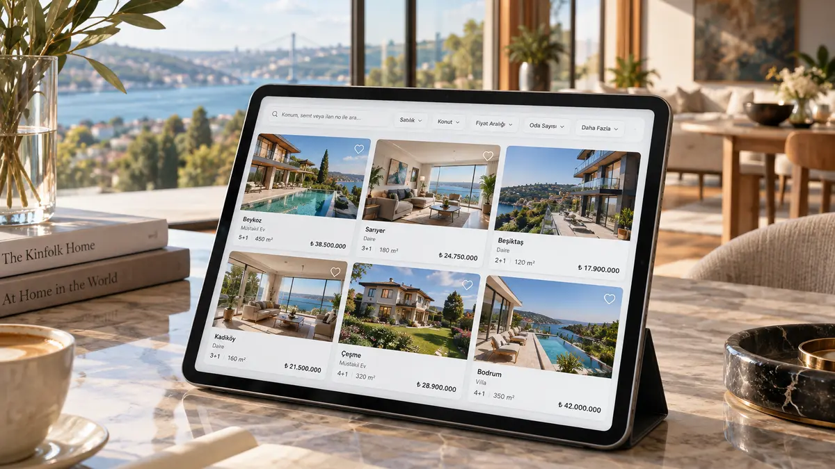 Elde tutulan tablet ekranında sıralanmış emlak ilanı fotoğrafları